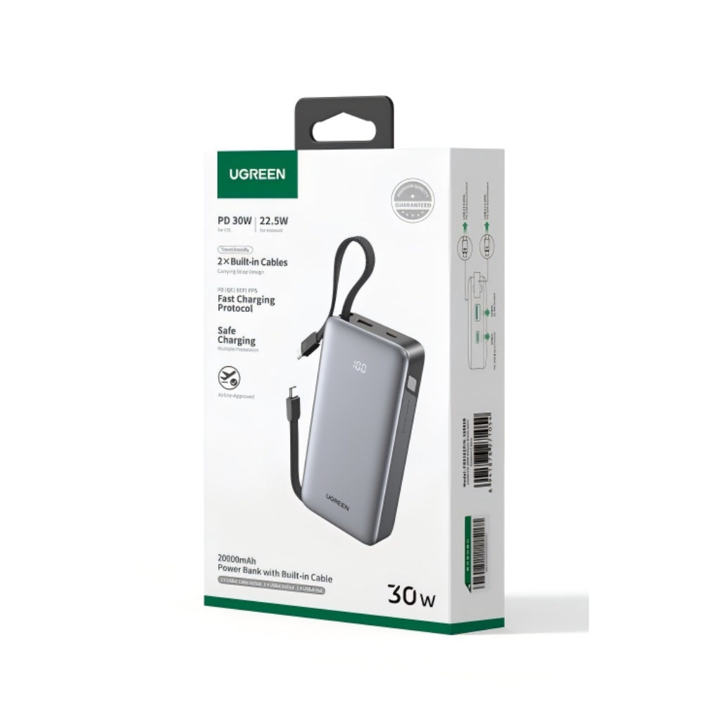 Ekstern Batteri UGREEN PB528 (55985B), 20000mAh, 30W, QC + PD, 1 x USB-A - 3 x USB-C, Grå