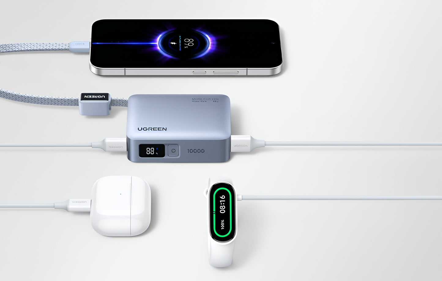 Ekstern batteri UGREEN PB584 (75173B), 10000mAh, 33W, QC + PD, 1 x USB-A - 2 x USB-C, Blå