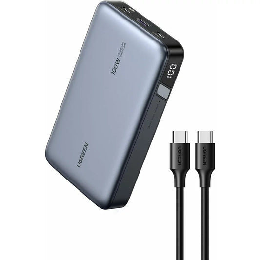 Ekstern Batteri UGREEN PB720 Nexode, 20000mAh, 100W, QC + PD, 1 x USB-A - 2 x USB-C, Grå, Reseglet