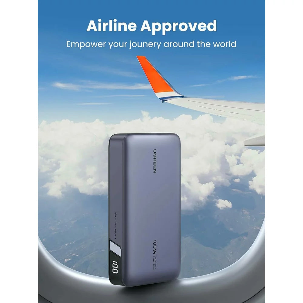UGREEN PB720 Nexode eksternt batteri, 20000 mAh, 100 W, QC + PD, 1 x USB-A - 2 x USB-C, grå 