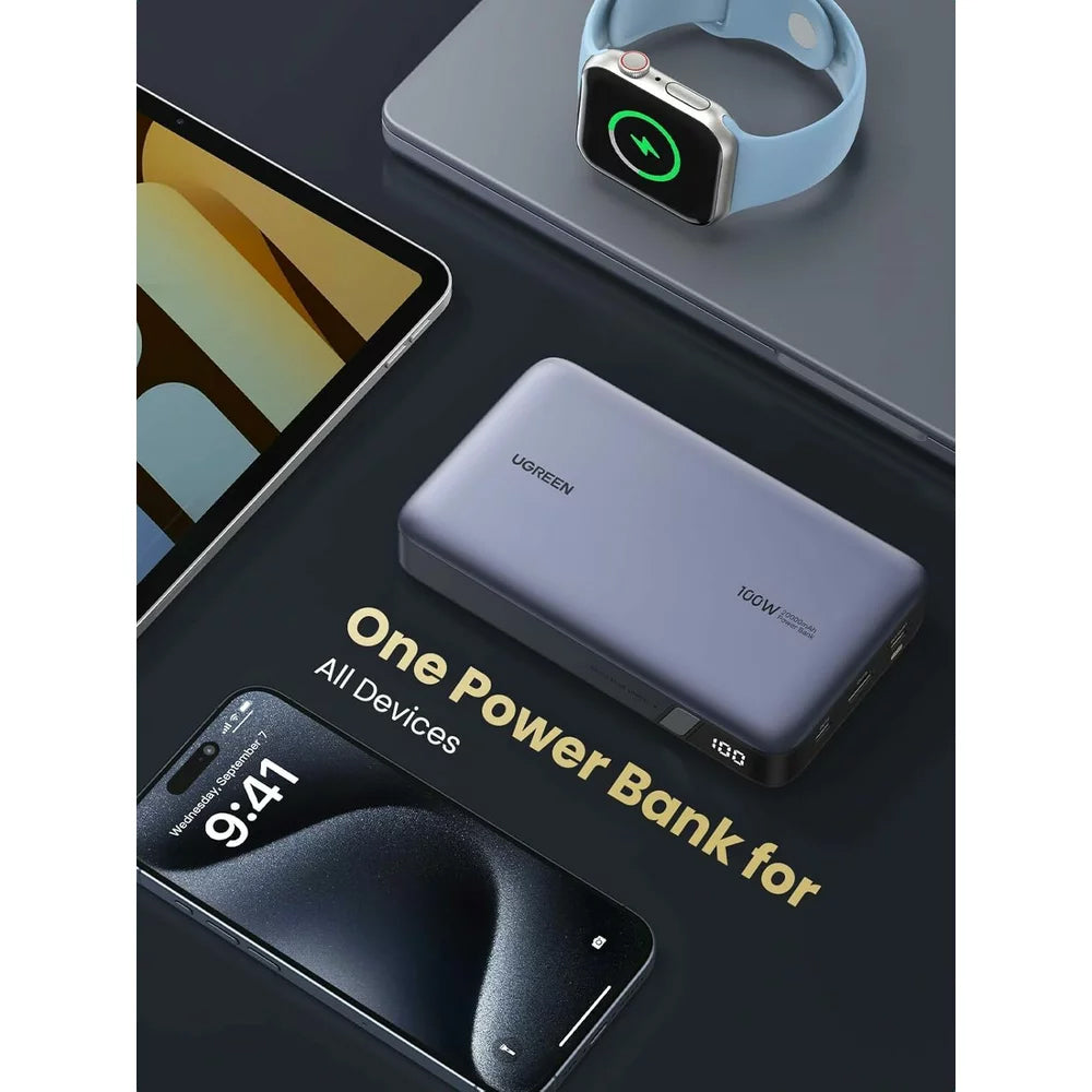 UGREEN PB720 Nexode eksternt batteri, 20000 mAh, 100 W, QC + PD, 1 x USB-A - 2 x USB-C, grå 