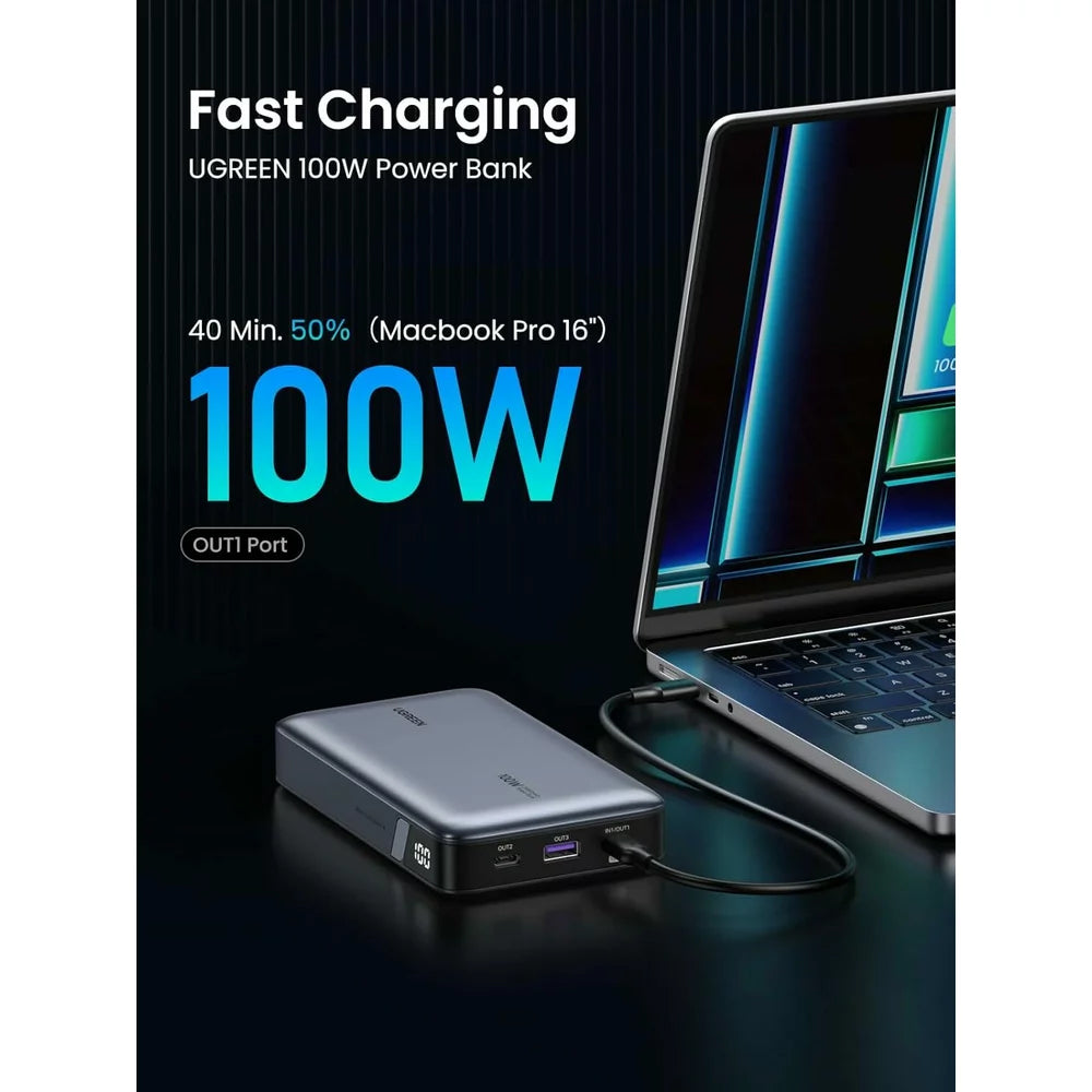UGREEN PB720 Nexode eksternt batteri, 20000 mAh, 100 W, QC + PD, 1 x USB-A - 2 x USB-C, grå 