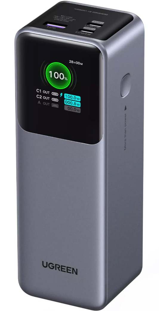 Ekstern batteri UGREEN PB722, 25000mAh, 200W, QC + PD, 1 x USB-A - 2 x USB-C, Grå, Reseglet