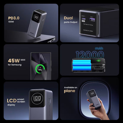 UGREEN PB724 Eksternt batteri, 12000 mAh, 100 W, QC + PD, 1 x USB-A - 1 x USB-C, grå 