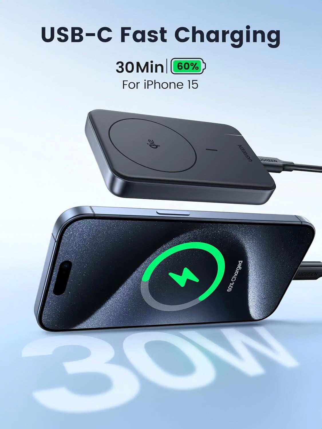 Ekstern batteri UGREEN PB761, 10000mAh, 30W, PD + FQI, 1 x QI - 1 x USB-C, Grå