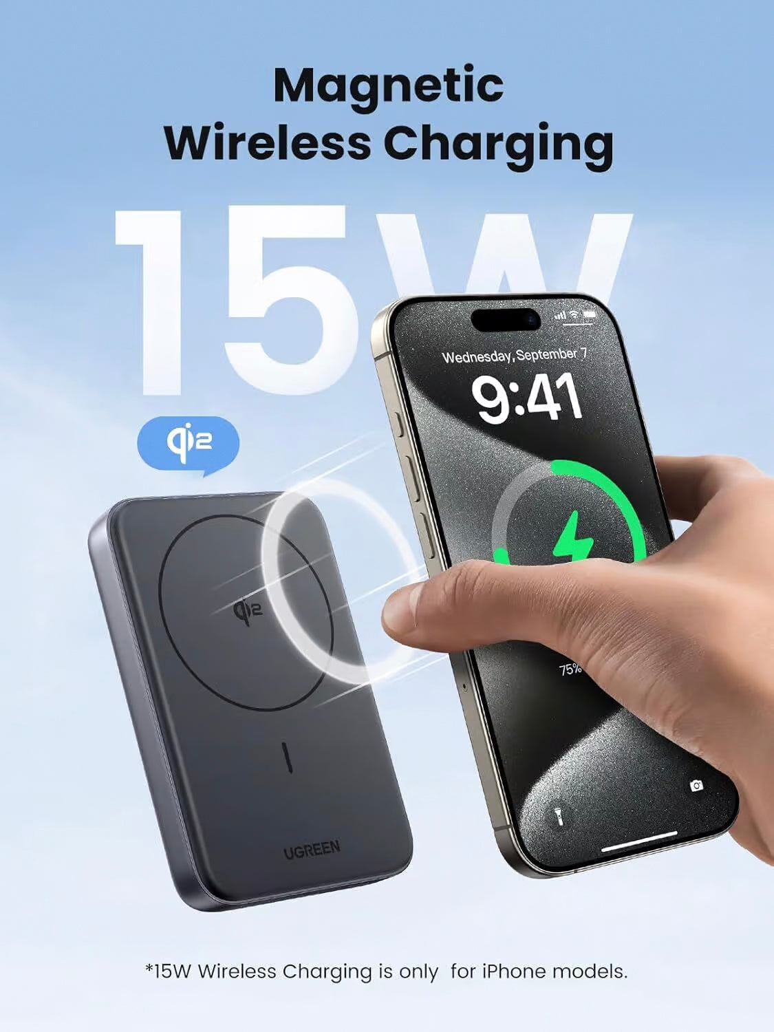 Ekstern batteri UGREEN PB761, 10000mAh, 30W, PD + FQI, 1 x QI - 1 x USB-C, Grå