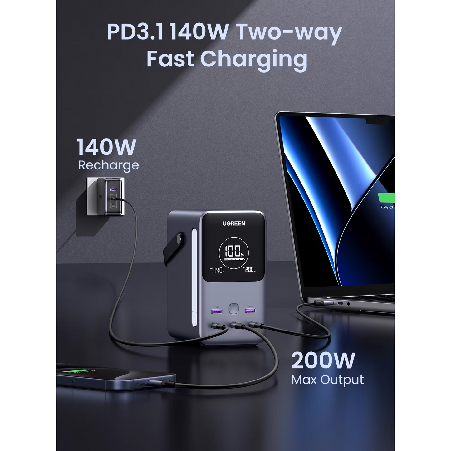 Ekstern batteri UGREEN PB770, 48000mAh, 300W, QC + PD, 2 x USB-A - 3 x USB-C, Grå, Reseglet