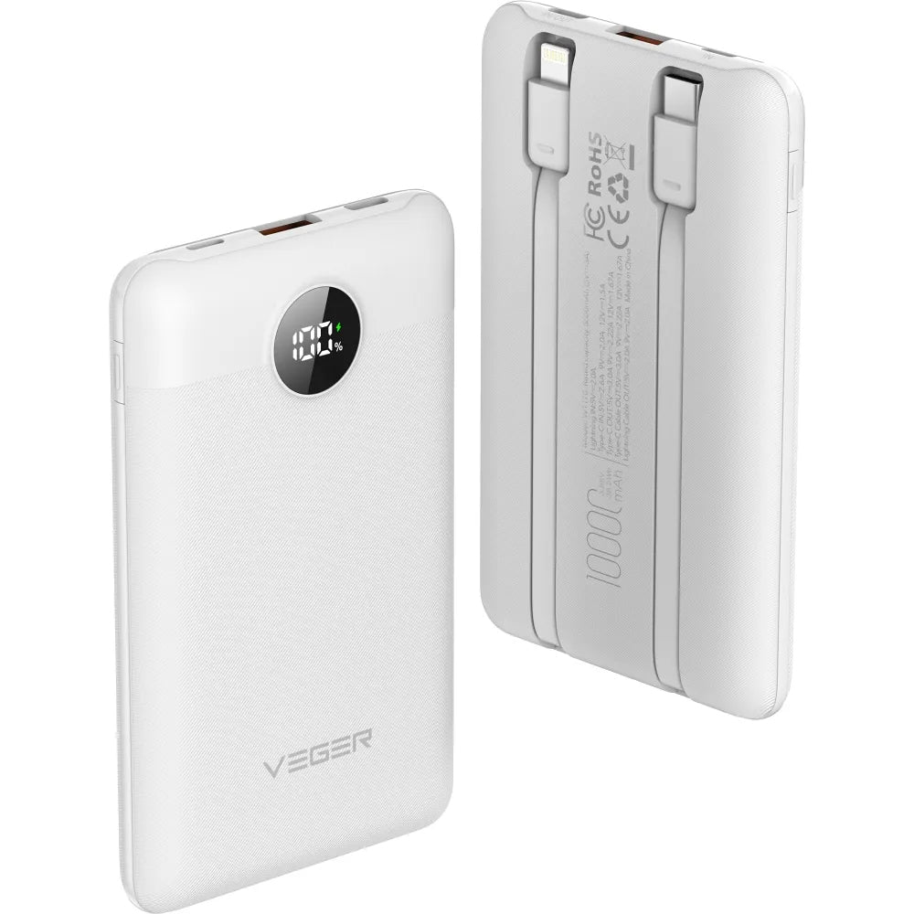 Ekstern batteri Veger C11C, 10000mAh, 22.5W, QC + PD, 1 x Lightning - 1 x USB-A - 2 x USB-C, Hvit