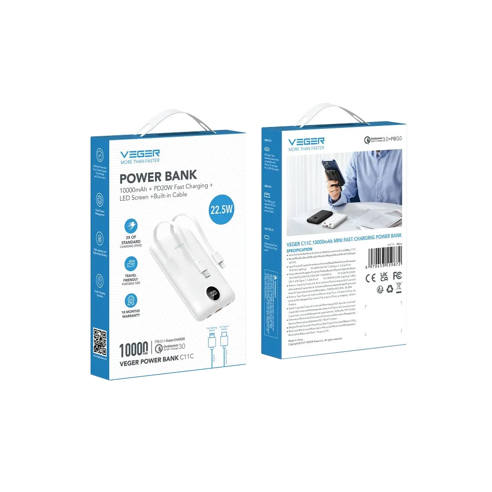 Ekstern batteri Veger C11C, 10000mAh, 22.5W, QC + PD, 1 x Lightning - 1 x USB-A - 2 x USB-C, Hvit