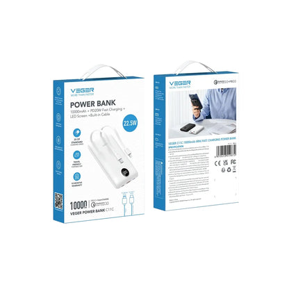 Ekstern batteri Veger C11C, 10000mAh, 22.5W, QC + PD, 1 x Lightning - 1 x USB-A - 2 x USB-C, Hvit