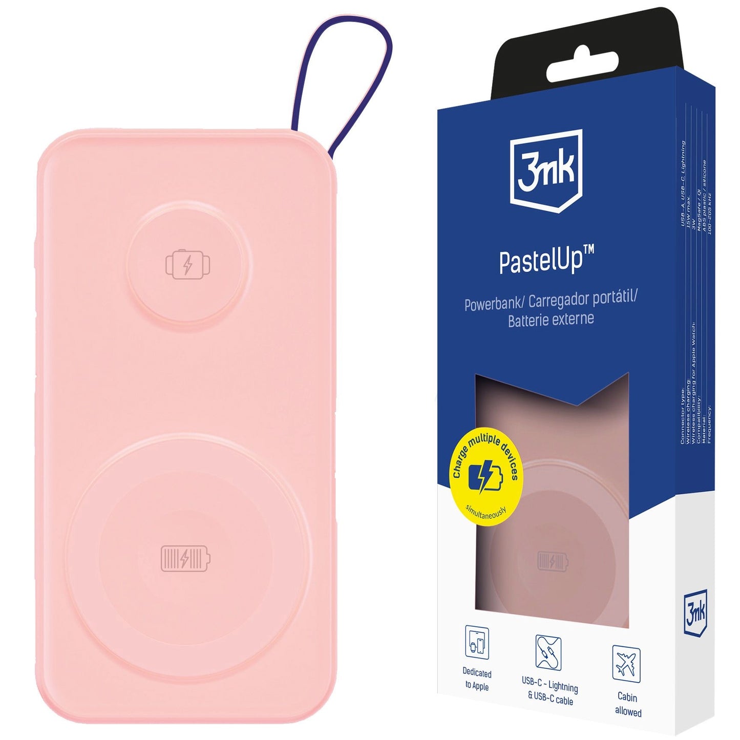 Ekstern trådløs batteri 3MK PastelUp, 10000mAh, 22.5W, QC + PD + FQI, 1 x USB-A - 1 x USB-C - 2 x QI, Rosa