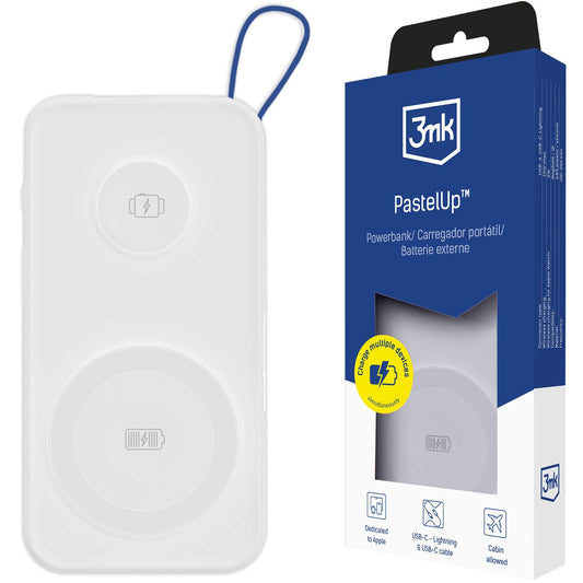 Ekstern trådløs batteri 3MK PastelUp, 10000mAh, 22.5W, QC + PD + FQI, 1 x USB-A - 1 x USB-C - 2 x QI, Hvit