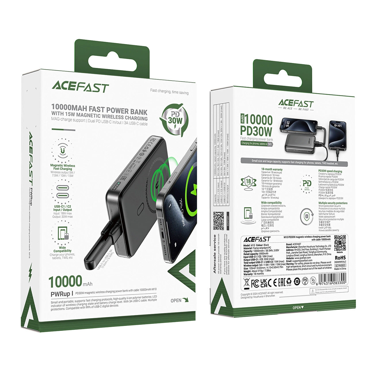 Ekstern trådløs batteri Acefast M10, 10000mAh, 30W, PD + FQI, 1 x QI - 2 x USB-C, Svart