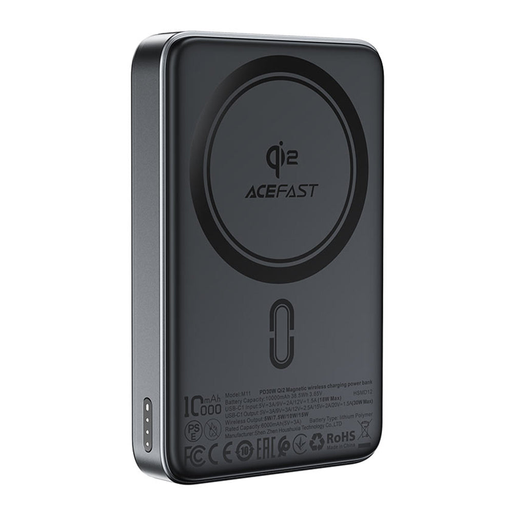 Trådløst Eksternt Batteri Acefast M11, 10000mAh, 30W, PD + FQI, 1 x QI - 1 x USB-C, Svart