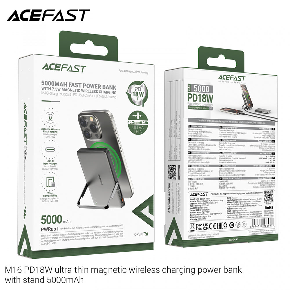 Trådløst Eksternt Batteri Acefast M16, 5000mAh, 18W, PD + FQI, 1 x QI - 1 x USB-C, Svart