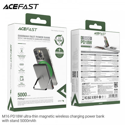 Trådløst Eksternt Batteri Acefast M16, 5000mAh, 18W, PD + FQI, 1 x QI - 1 x USB-C, Svart
