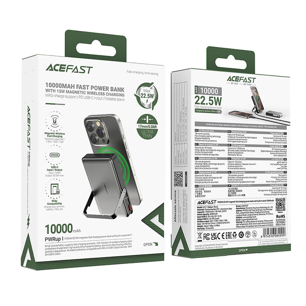 Trådløs Ekstern Batteri Acefast M17, 10000mAh, 22.5W, PD + FQI, 1 x QI - 1 x USB-C, Svart