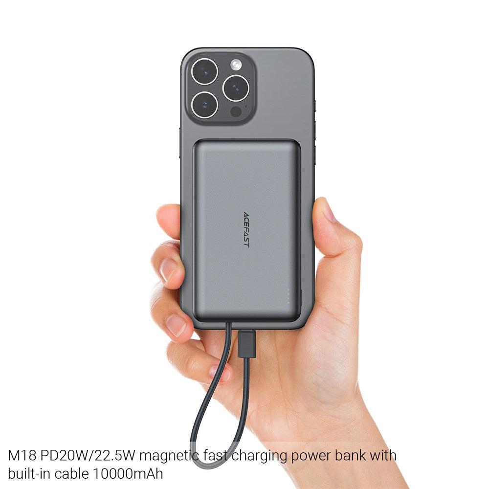 Trådløs Ekstern Batteri Acefast M18, 10000mAh, 22.5W, PD + FQI, 1 x QI - 2 x USB-C, Svart