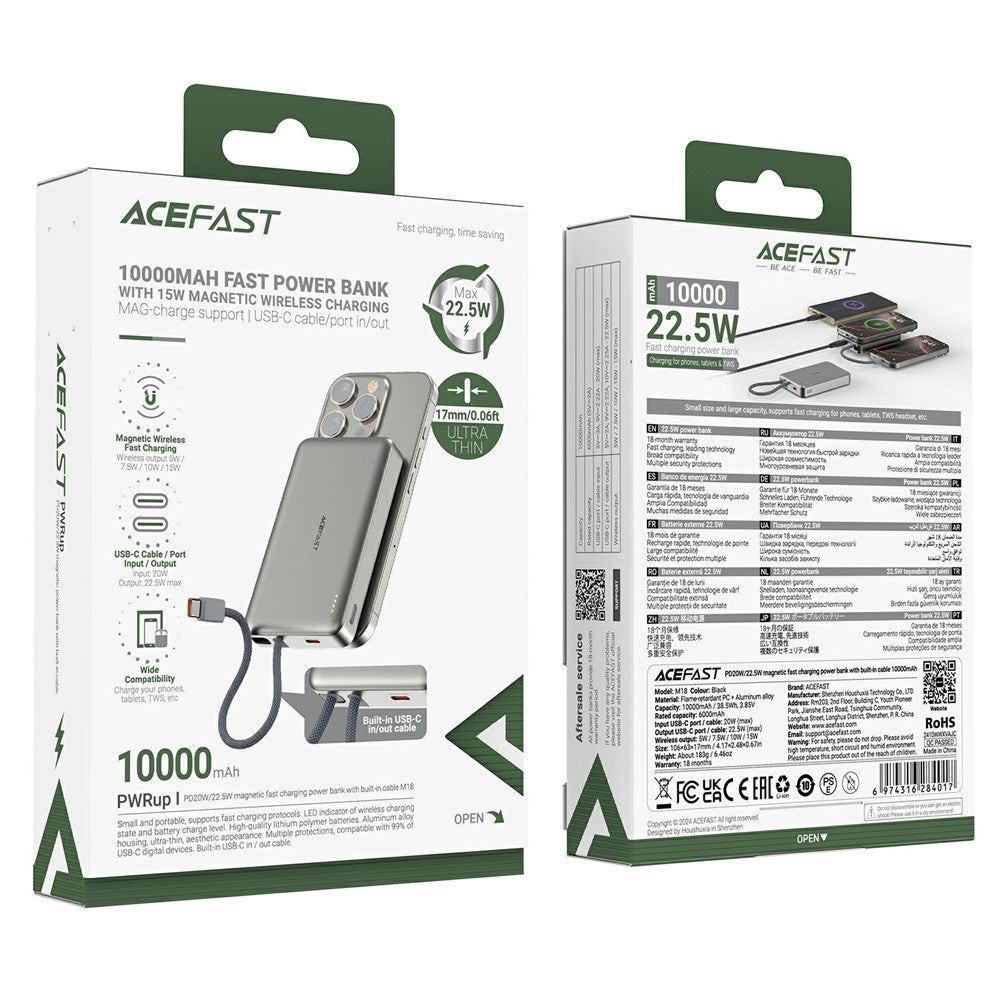 Trådløs Ekstern Batteri Acefast M18, 10000mAh, 22.5W, PD + FQI, 1 x QI - 2 x USB-C, Svart