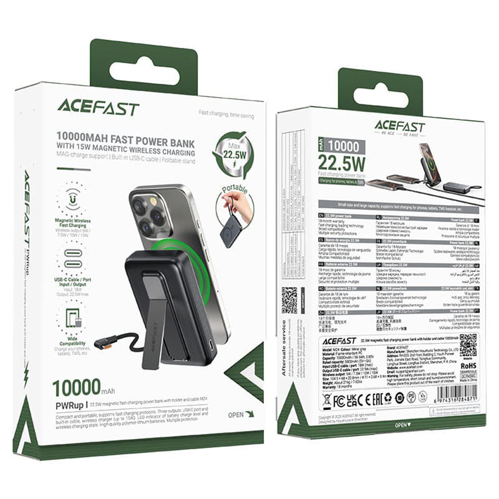 Ekstern trådløs batteri Acefast M24, 10000mAh, 22.5W, PD + FQI, 1 x QI - 2 x USB-C, Grå