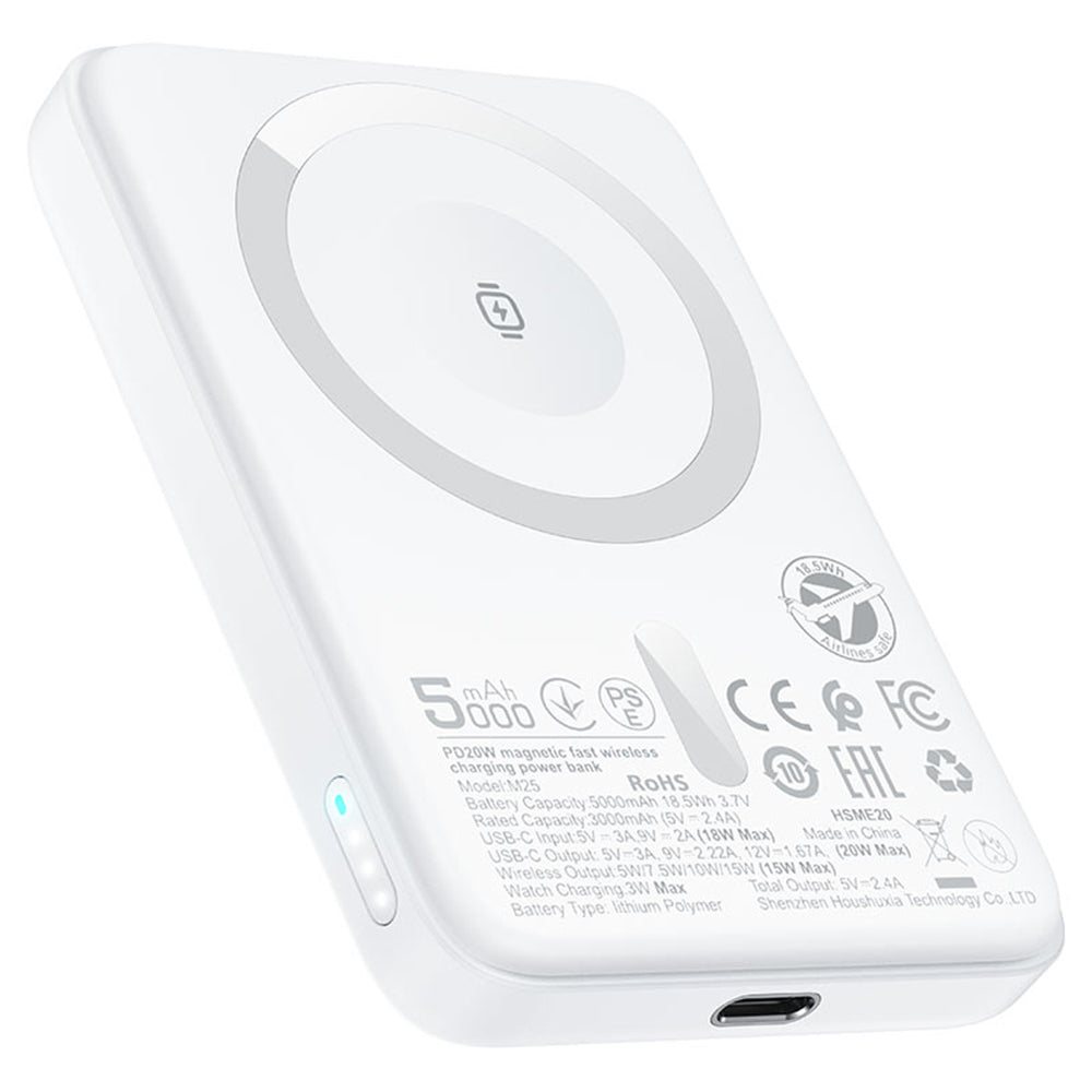 Ekstern trådløs batteri Acefast M25, 5000mAh, 20W, PD + FQI, 1 x QI - 1 x USB-C, Hvit