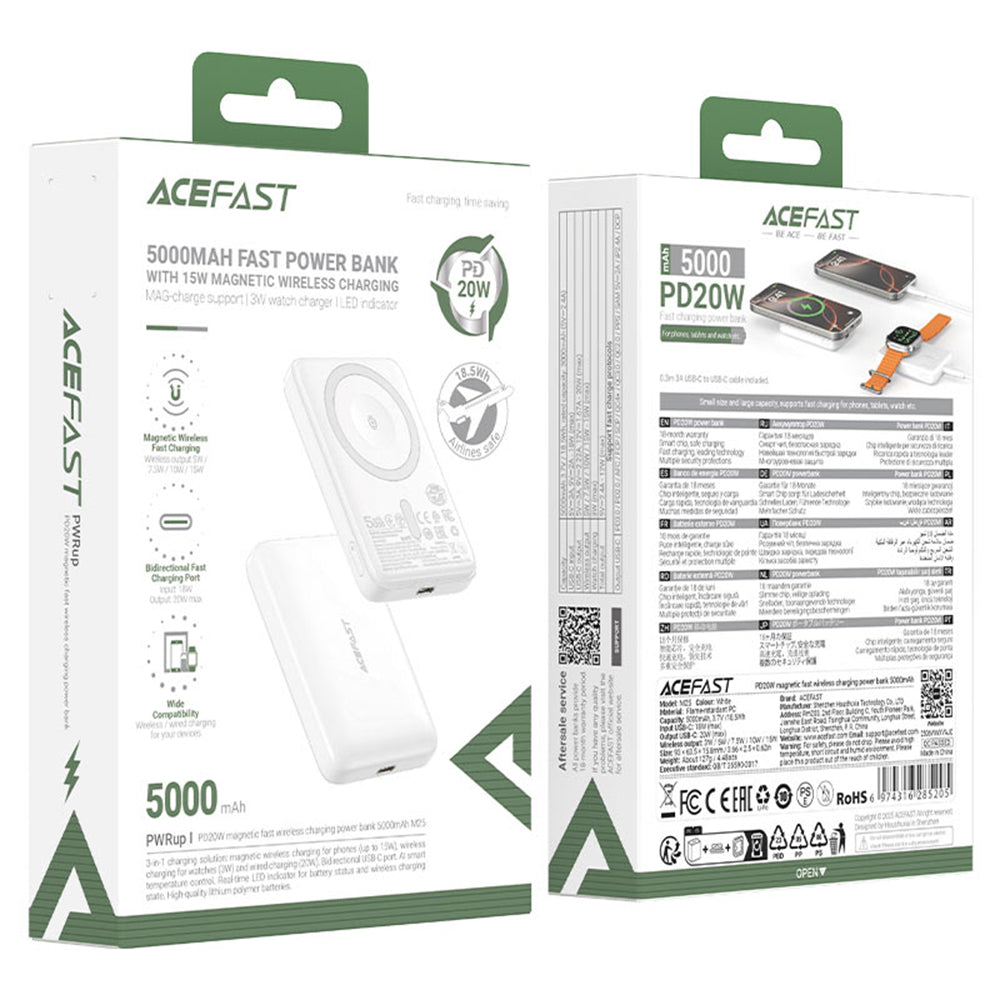 Ekstern trådløs batteri Acefast M25, 5000mAh, 20W, PD + FQI, 1 x QI - 1 x USB-C, Hvit