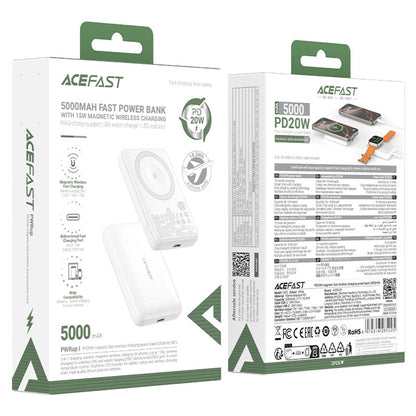 Ekstern trådløs batteri Acefast M25, 5000mAh, 20W, PD + FQI, 1 x QI - 1 x USB-C, Hvit