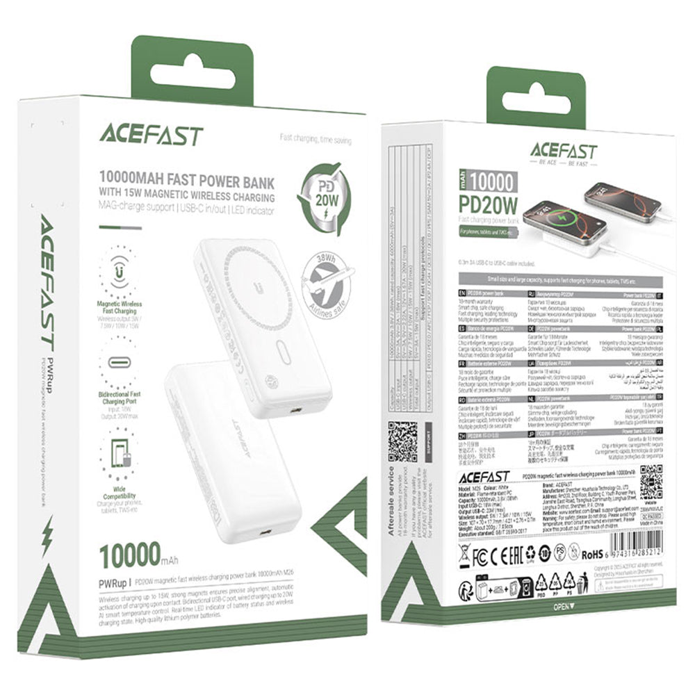 Trådløs Ekstern Batteri Acefast M26, 10000mAh, 20W, PD + FQI, 1 x QI - 1 x USB-C, Hvit