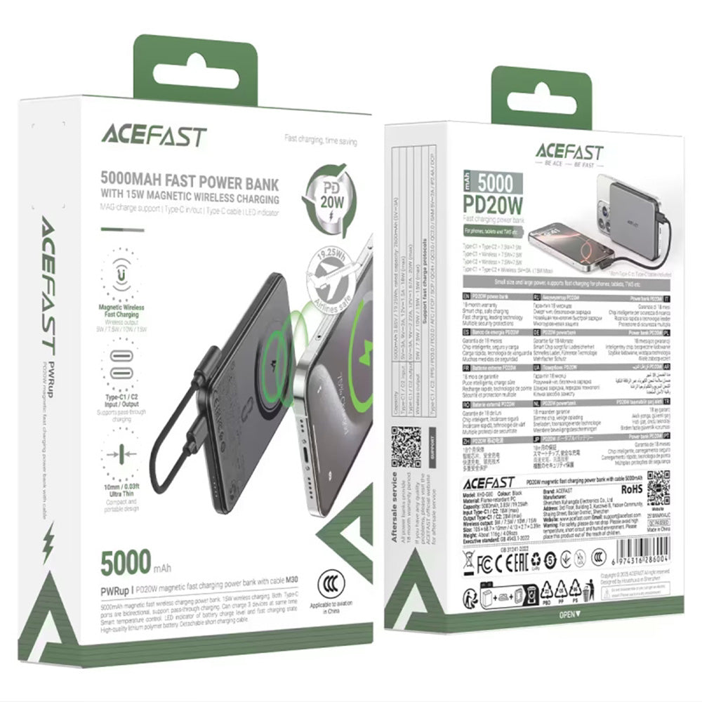 Ekstern trådløs batteri Acefast M30, 5000mAh, 20W, PD + FQI, 1 x QI - 2 x USB-C, Svart