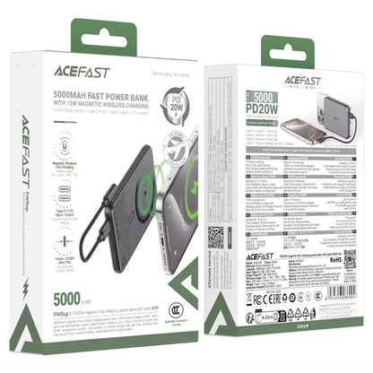 Ekstern trådløs batteri Acefast M30, 5000mAh, 20W, PD + FQI, 1 x QI - 2 x USB-C, Svart