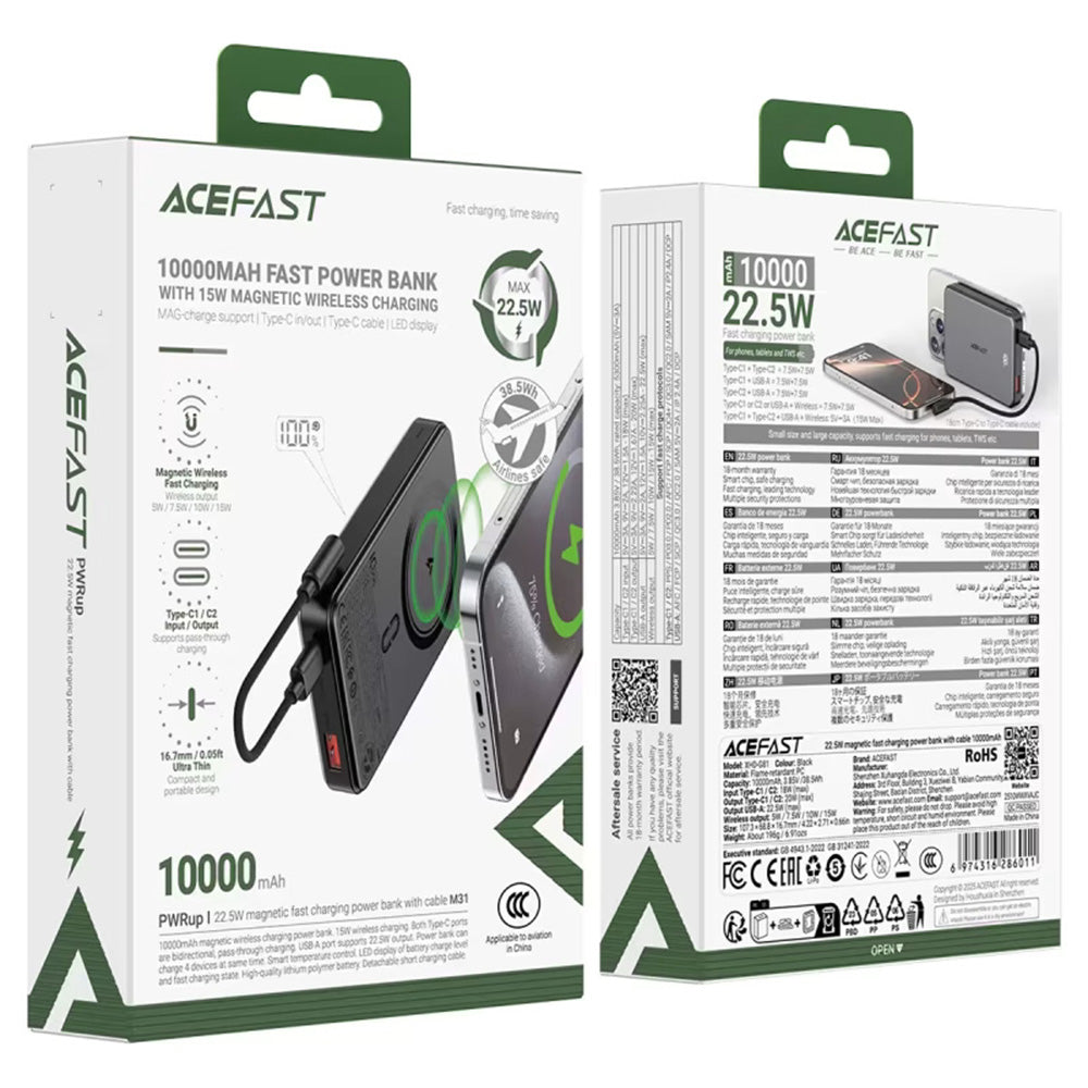 Ekstern trådløs batteri Acefast M31, 10000mAh, 22.5W, QC + PD + FQI, 1 x QI - 1 x USB-A - 2 x USB-C, Svart