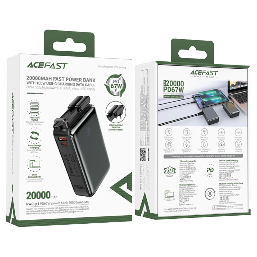 Ekstern batteri Acefast M4, 20000mAh, 67W, PD, 1 x USB-A - 2 x USB-C, Svart