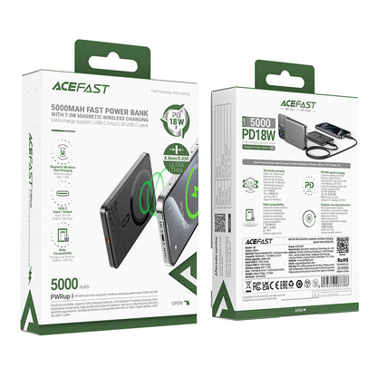 Trådløs Ekstern Batteri Acefast M8, 5000mAh, 18W, PD + FQI, 1 x QI - 1 x USB-C, Svart