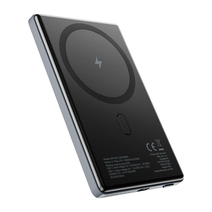 Ekstern trådløs batteri Allity. APB-300, 5000mAh, 20W, PD + QC, 1 x QI - 1 x USB-C, Grå