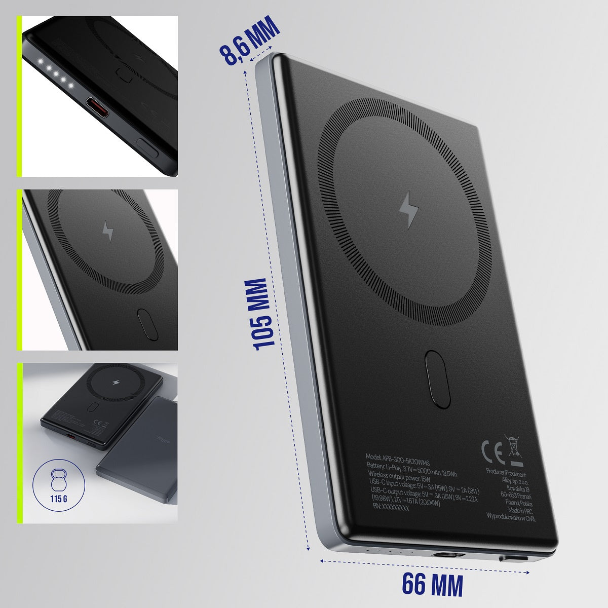 Ekstern trådløs batteri Allity. APB-300, 5000mAh, 20W, PD + QC, 1 x QI - 1 x USB-C, Grå