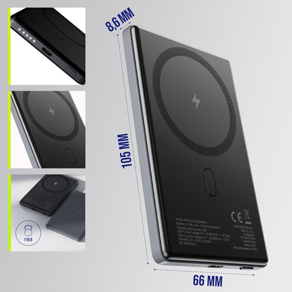 Ekstern trådløs batteri Allity. APB-300, 5000mAh, 20W, PD + QC, 1 x QI - 1 x USB-C, Grå