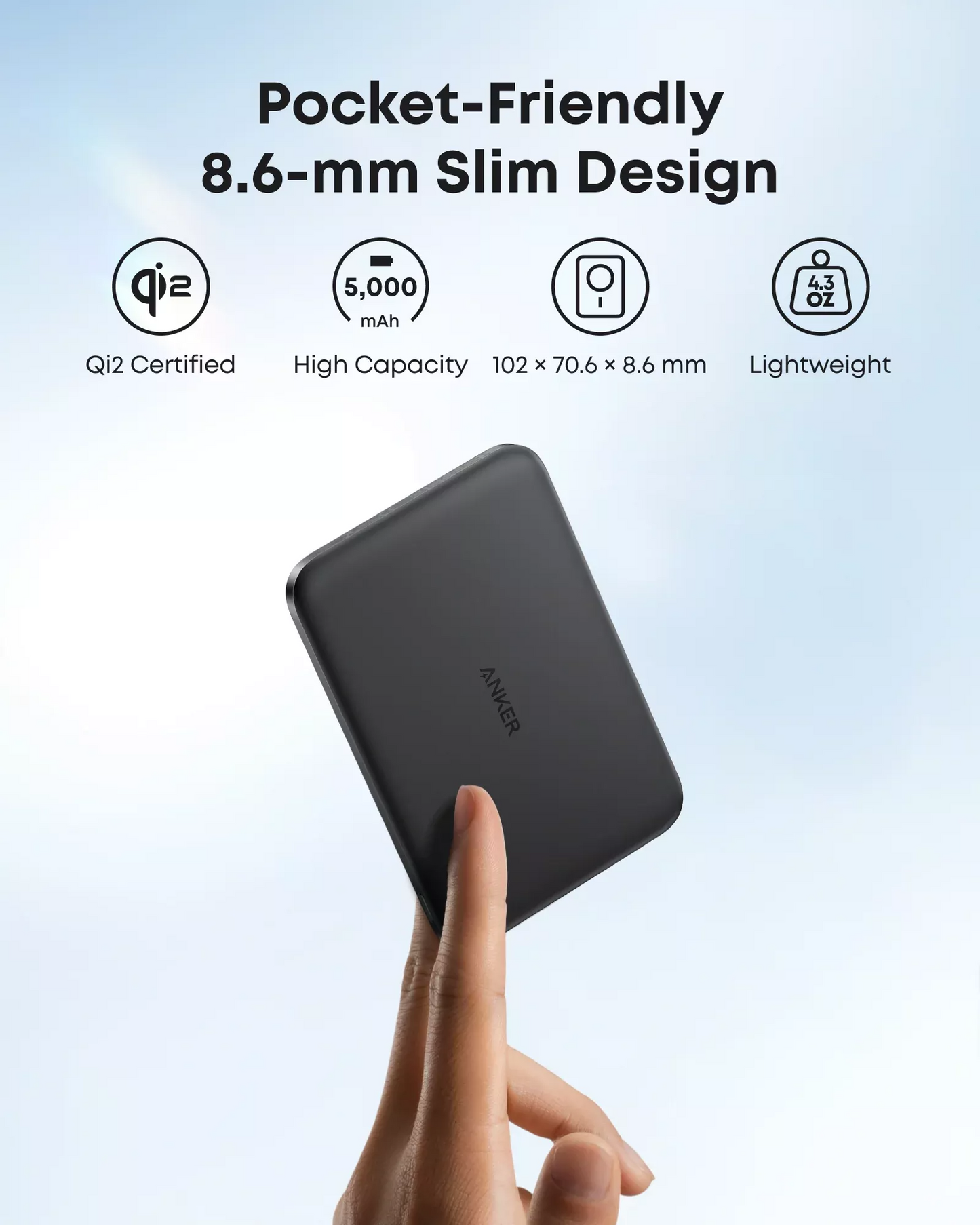 Trådløs ekstern batteri Anker Nano, 5000mAh, 20W, PD + FQI, 1 x QI - 1 x USB-C, Svart A1665H11