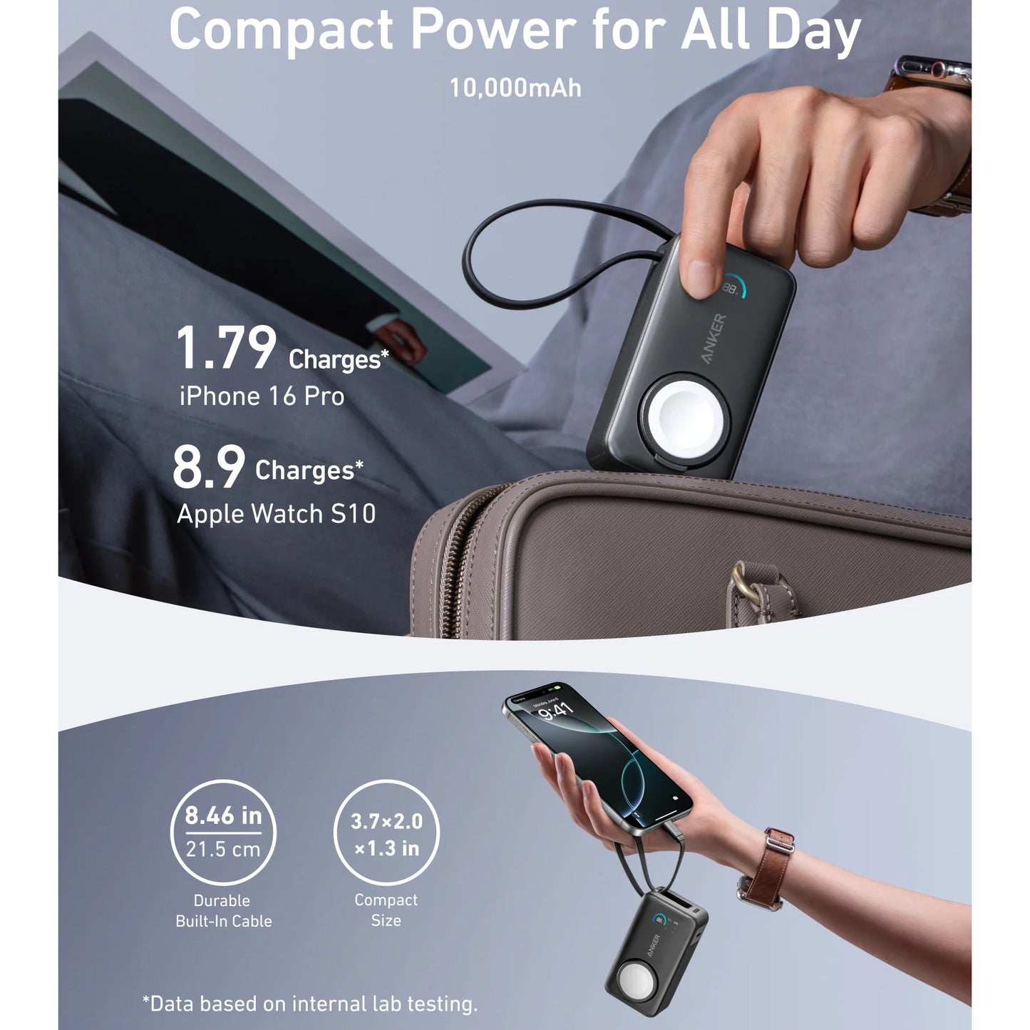 Ekstern trådløs batteri Anker MagGo, 10000mAh, 35W, PD + QI, 1 x QI - 2 x USB-C, Svart A1657H11