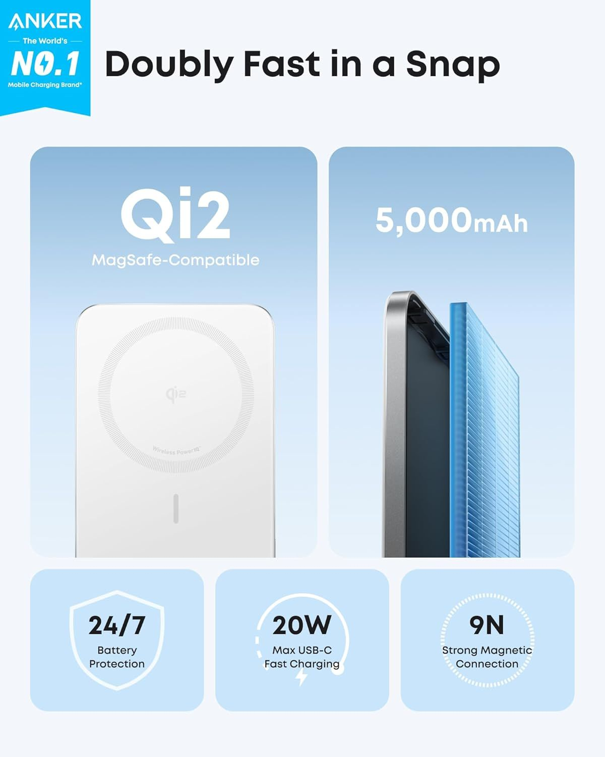 Ekstern trådløs batteri Anker Nano, 5000mAh, 20W, PD + FQI, 1 x QI - 1 x USB-C, Hvit A1665H21