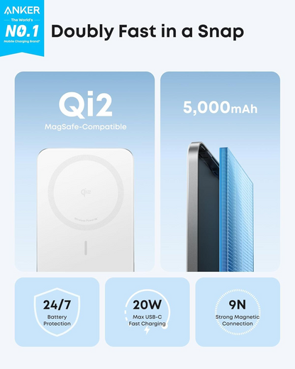 Ekstern trådløs batteri Anker Nano, 5000mAh, 20W, PD + FQI, 1 x QI - 1 x USB-C, Hvit A1665H21