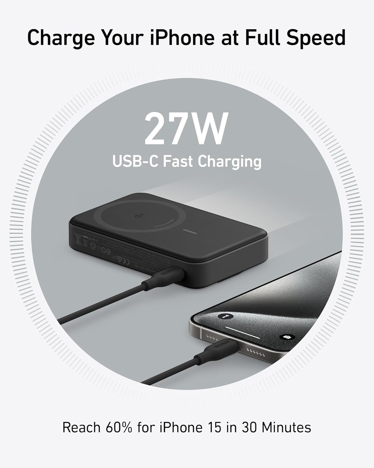 Ekstern trådløs batteri Anker MagGo, 10000mAh, 27W, PD + FQI, 1 x QI - 1 x USB-C, Svart A1654011
