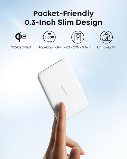 Ekstern trådløs batteri Anker Nano, 5000mAh, 20W, PD + FQI, 1 x QI - 1 x USB-C, Hvit A1665H21