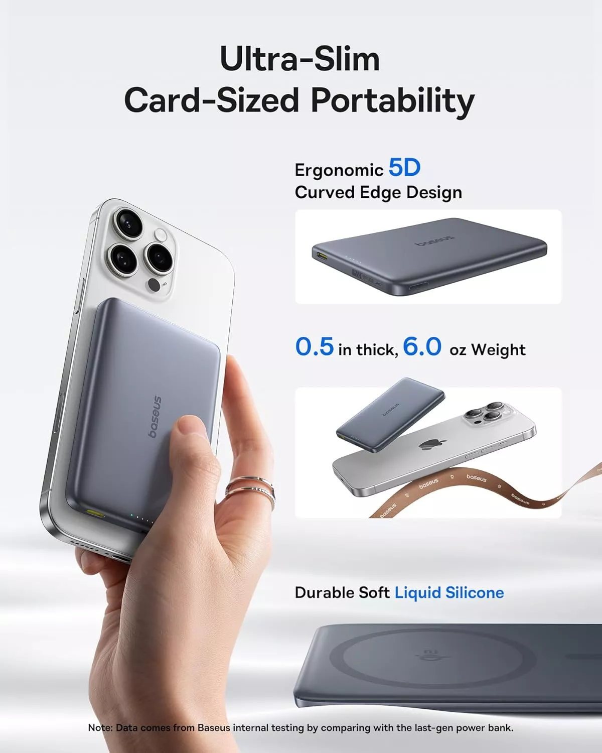 Ekstern trådløs batteri Baseus PicoGo AM41, 10000mAh, 27W, PD + FQI, 1 x QI - 1 x USB-C, Grå E0027200