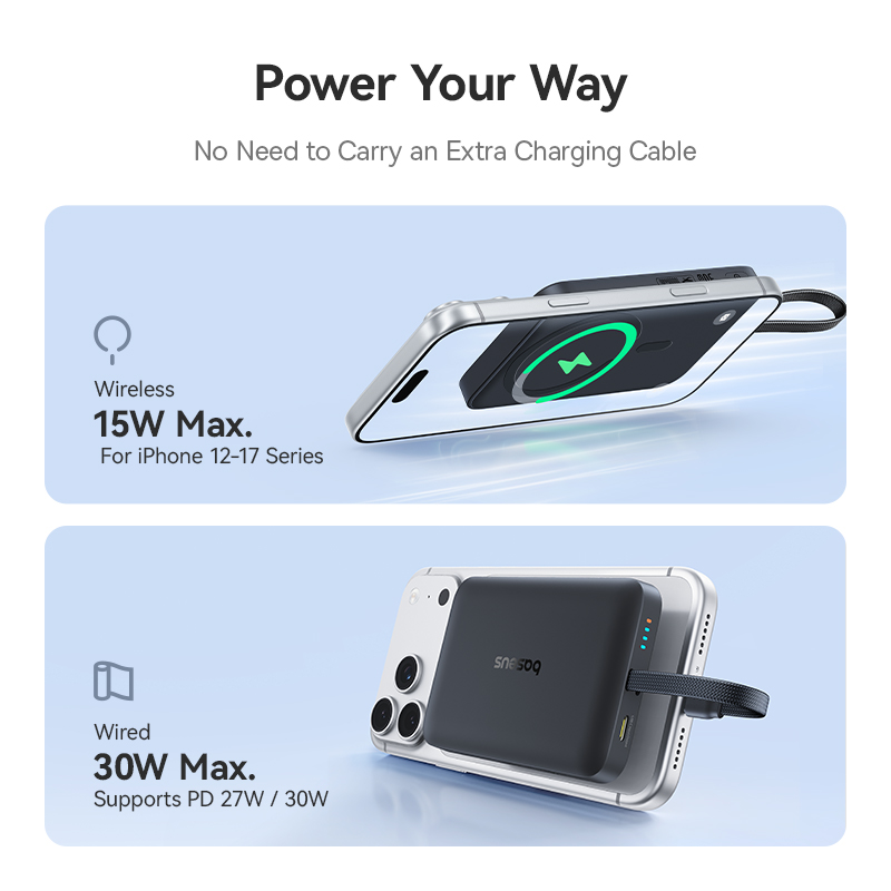 Baseus EnerFill FM11 trådløs powerbank, 10 000 mAh, 30 W, PD + FQI, 1 x QI – 2 x USB-C, svart E0028904