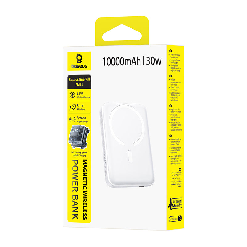 Baseus EnerFill FM11 trådløs ekstern batteri, 10000mAh, 30W, PD + FQI, 1 x QI - 1 x USB-C, hvit