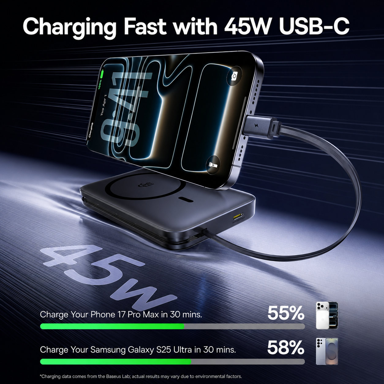 Baseus PicoGo AM61 trådløs ekstern batteripakke, 10000mAh, 45W, PD + FQI, 1 x QI - 2 x USB-C, svart E0028V00