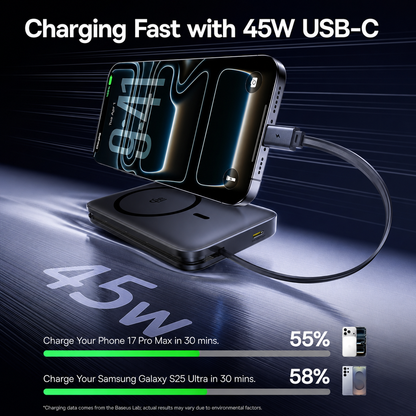 Baseus PicoGo AM61 trådløs ekstern batteripakke, 10000mAh, 45W, PD + FQI, 1 x QI - 2 x USB-C, svart E0028V00
