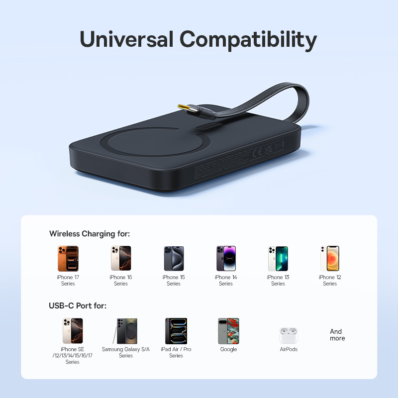 Baseus EnerFill FM11 trådløs powerbank, 10 000 mAh, 30 W, PD + FQI, 1 x QI – 2 x USB-C, svart E0028904