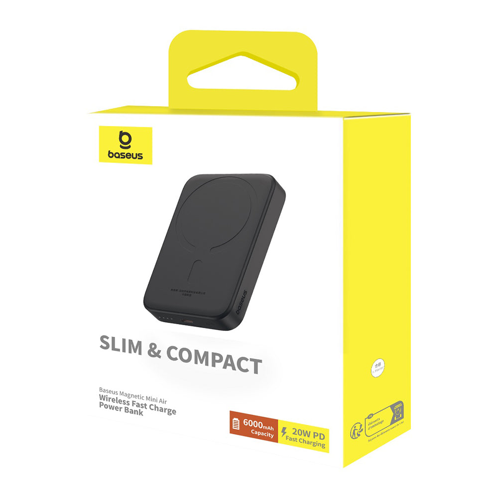 Ekstern trådløs batteri Baseus Mini Air, 6000mAh, 20W, PD + FQI, 1 x QI - 1 x USB-C, Svart P10059002113-00