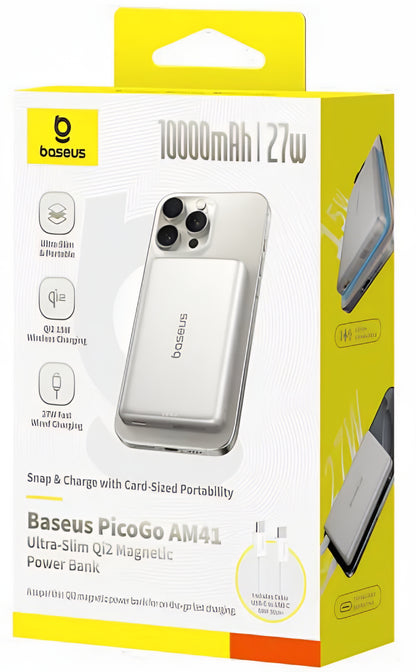 Ekstern trådløs batteri Baseus PicoGo AM41, 10000mAh, 27W, PD + FQI, 1 x QI - 1 x USB-C, Beige E0027203